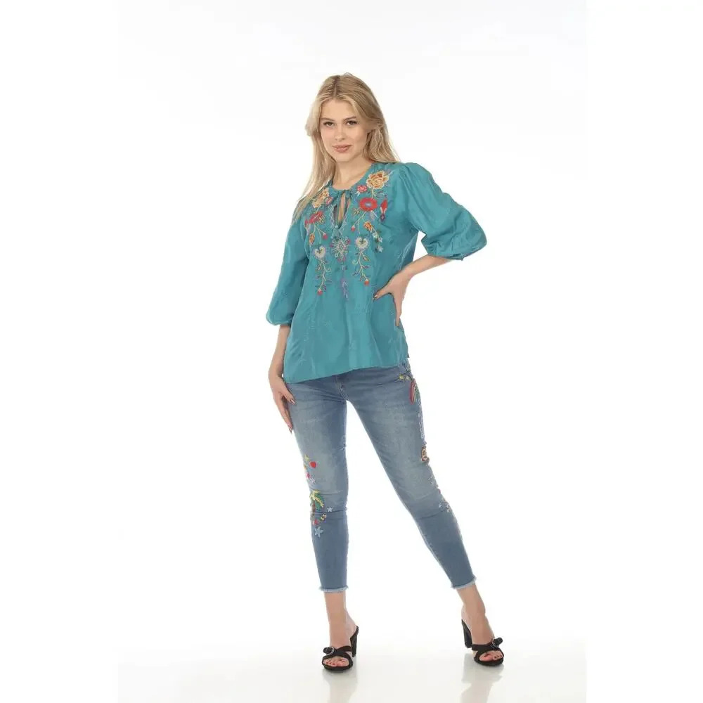 Johnny Was Workshop Taryn Flowy Tassel Silk Blouse Sea Stone Size L - Picture 5 of 9
